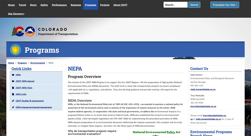 Colorado Department of Transportation NEPA website thumbnail